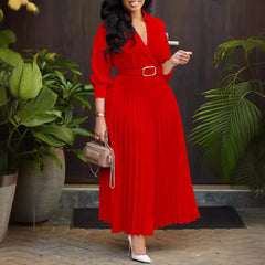 Autumn Women Pleated V Neck Long Sleeve Belt Midi Dress Elegant