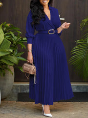 Autumn Women Pleated V Neck Long Sleeve Belt Midi Dress Elegant